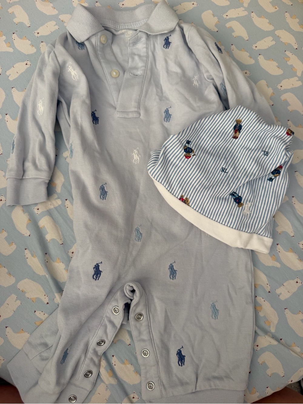 Ralph Lauren Light Blue Polo Footie with Embroidered Pony Logos & beanie